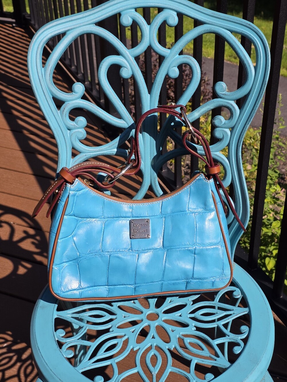 Dooney & Bourke Teal Shoulder Bag with Brown Leather Trim - Picture 3 of 4